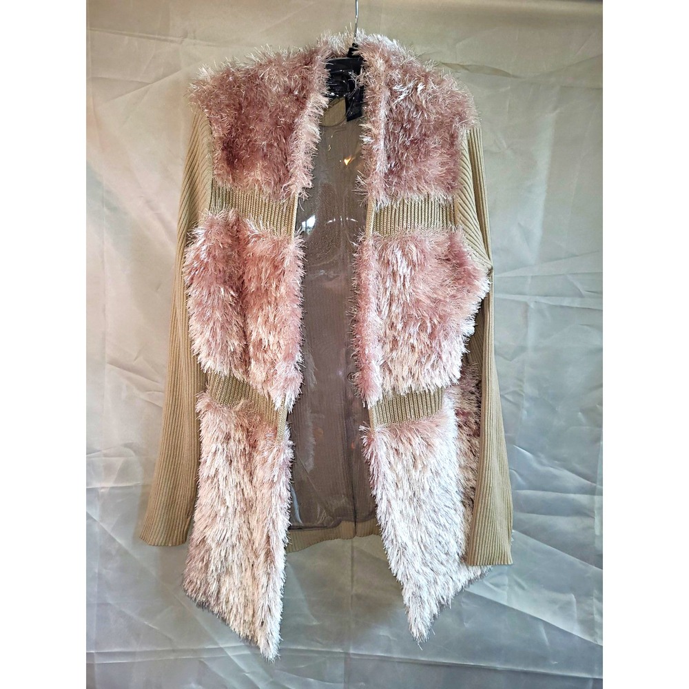 Lauren Michelle Beige Pink Solid Ribbed Knit Cardigan Sweater Womens XL Faux Fur